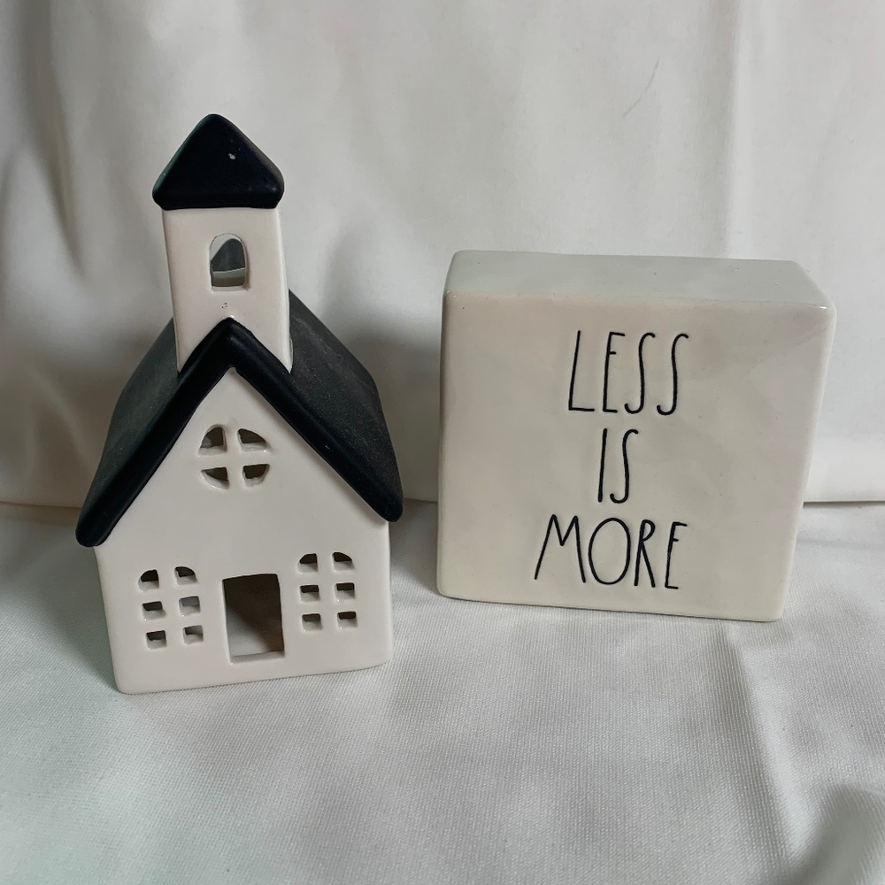 Farmhouse decor - Rae Dunn sign and little black and White House church